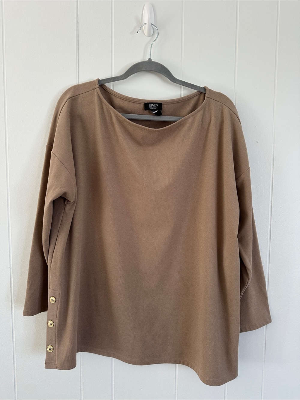 Jones New York Taupe Button-Trim Boatneck Sweatshirt